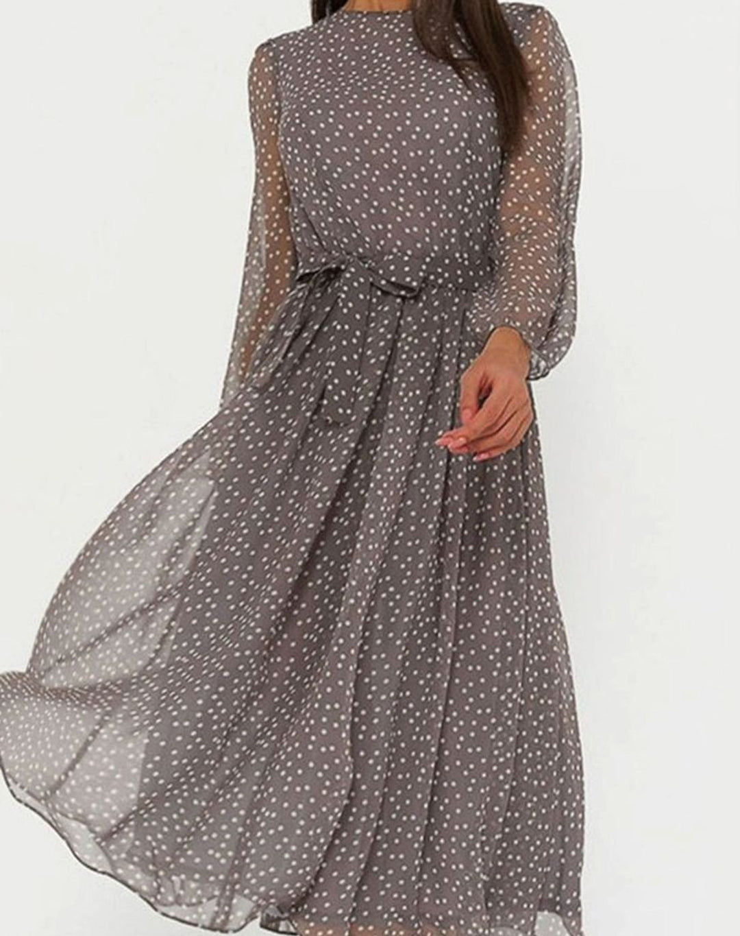 Women's Long Sleeve Polka Dot A-Line Midi Dress - Gray