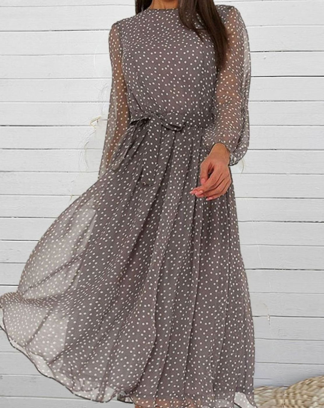 Women's Long Sleeve Polka Dot A-Line Midi Dress