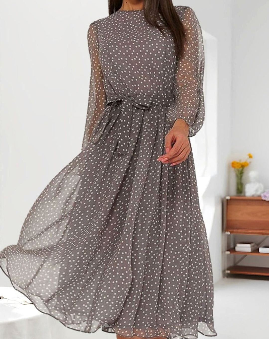 Women's Long Sleeve Polka Dot A-Line Midi Dress