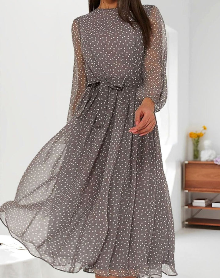 Women's Long Sleeve Polka Dot A-Line Midi Dress