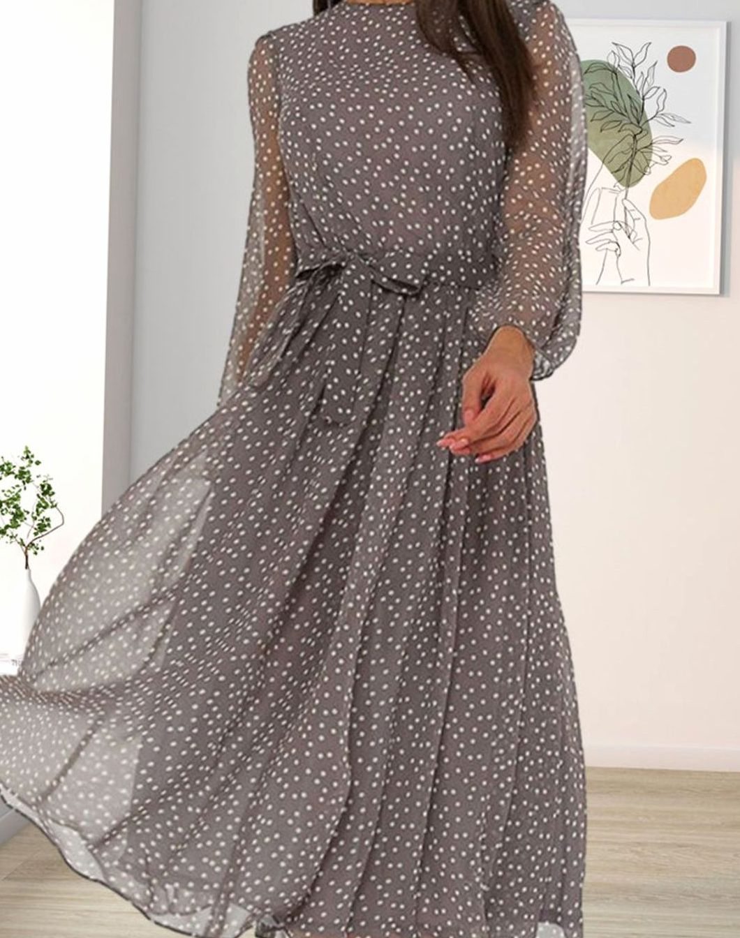 Women's Long Sleeve Polka Dot A-Line Midi Dress