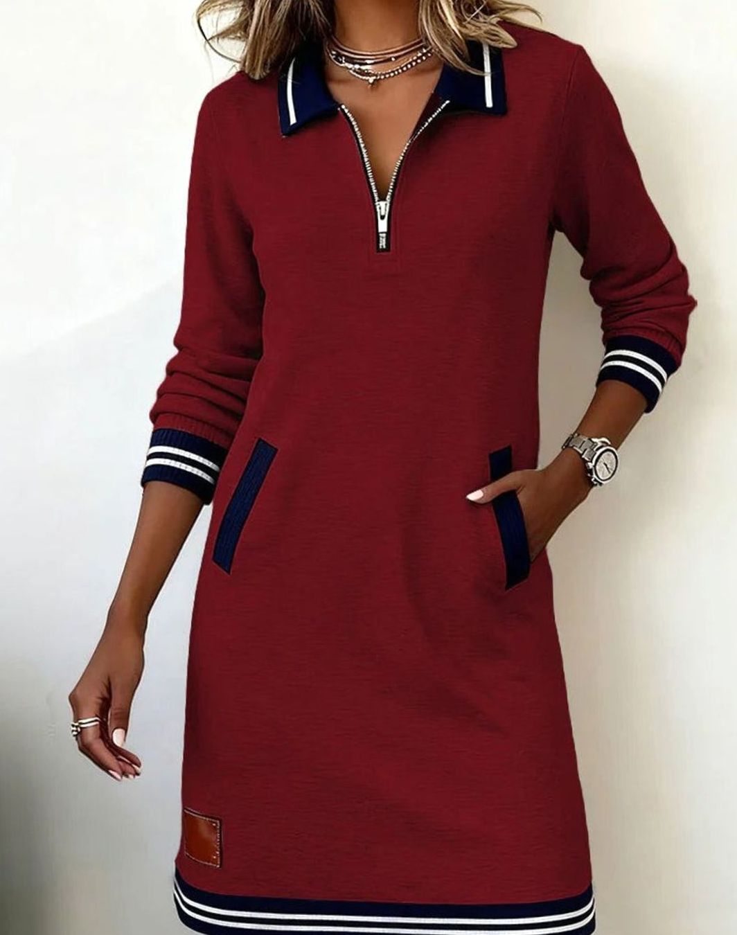 Women's Long Sleeve Quarter-Zip Sweater Dress Striped Trim