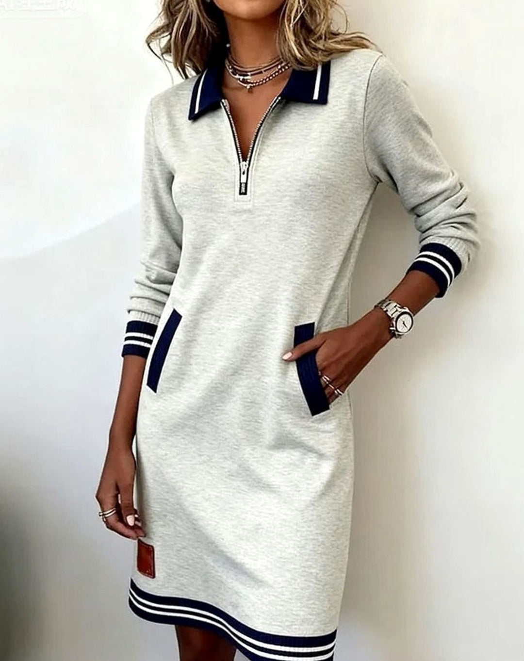 Women's Long Sleeve Quarter-Zip Sweater Dress Striped Trim