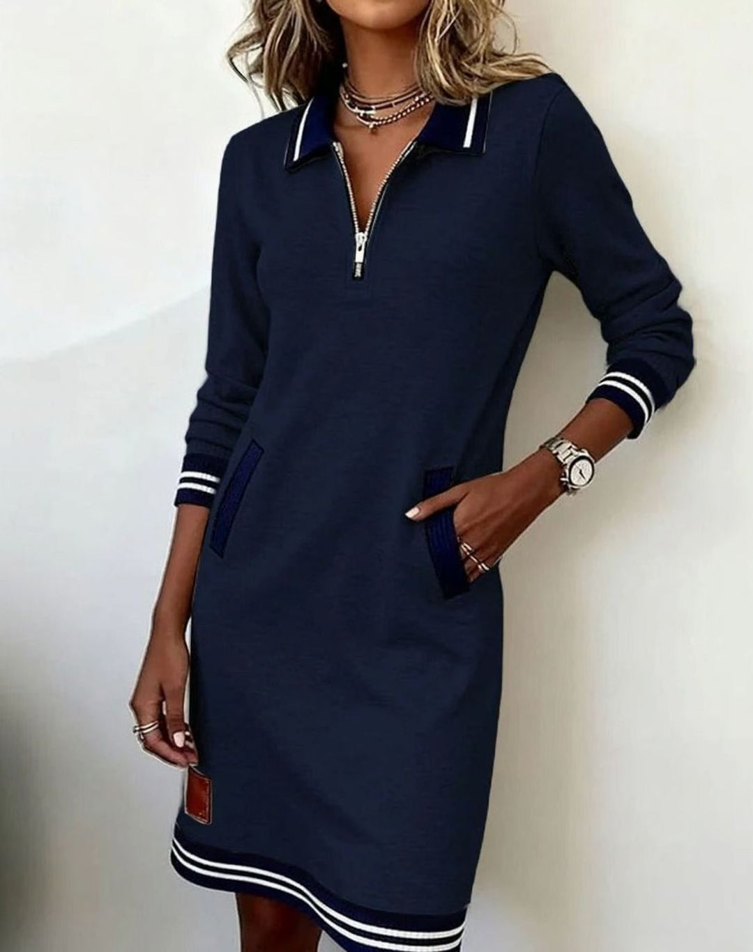 Women's Long Sleeve Quarter-Zip Sweater Dress Striped Trim