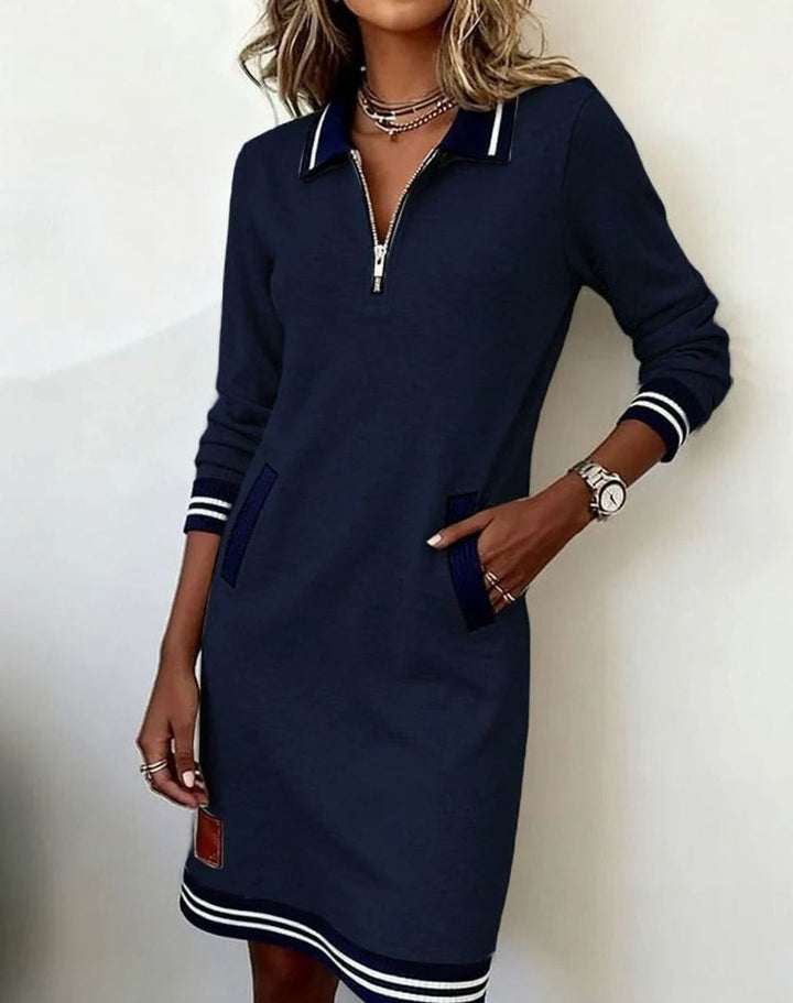 Women's Long Sleeve Quarter-Zip Sweater Dress Striped Trim