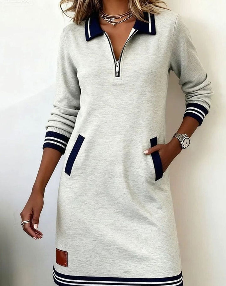 Women's Long Sleeve Quarter-Zip Sweater Dress Striped Trim - Gray