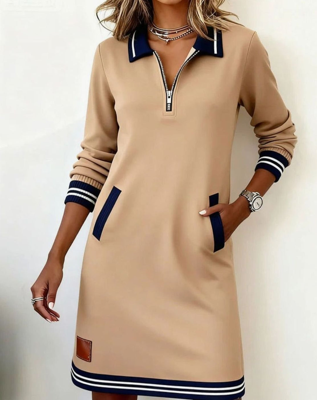 Women's Long Sleeve Quarter-Zip Sweater Dress Striped Trim - Beige
