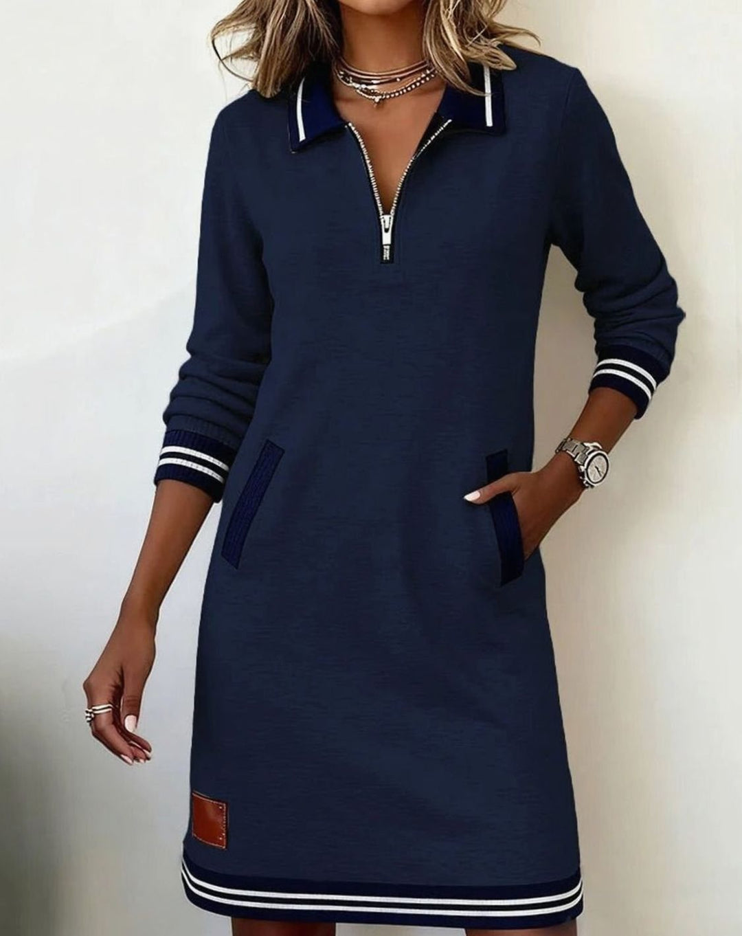 Women's Long Sleeve Quarter-Zip Sweater Dress Striped Trim - Navy Blue