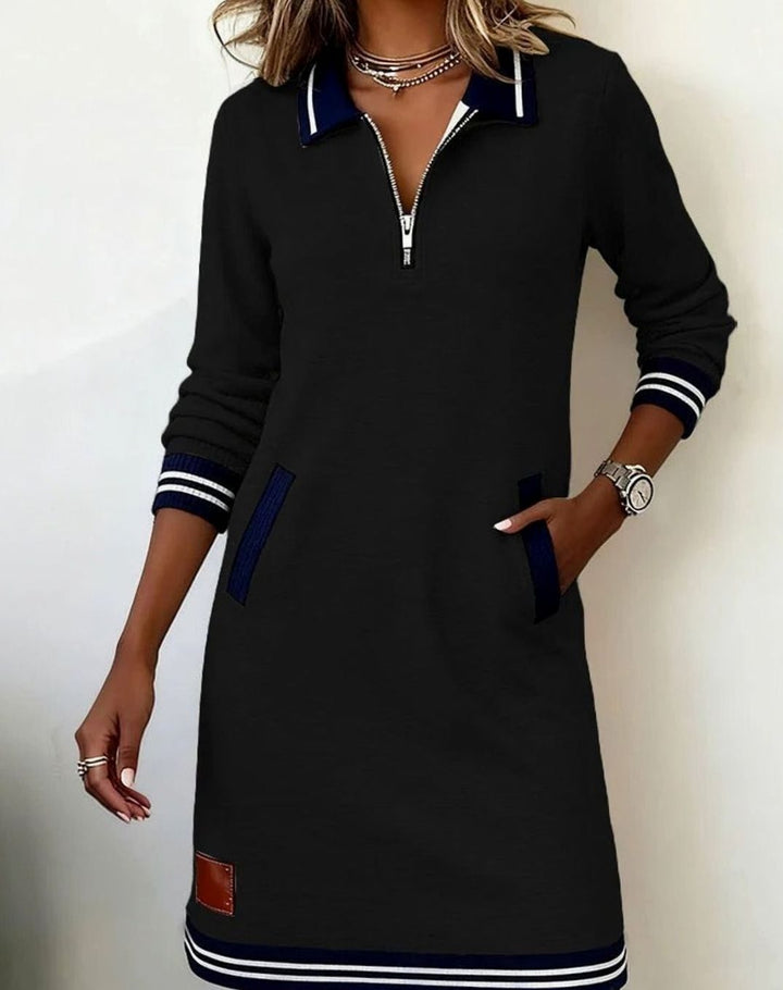 Women's Long Sleeve Quarter-Zip Sweater Dress Striped Trim - Black
