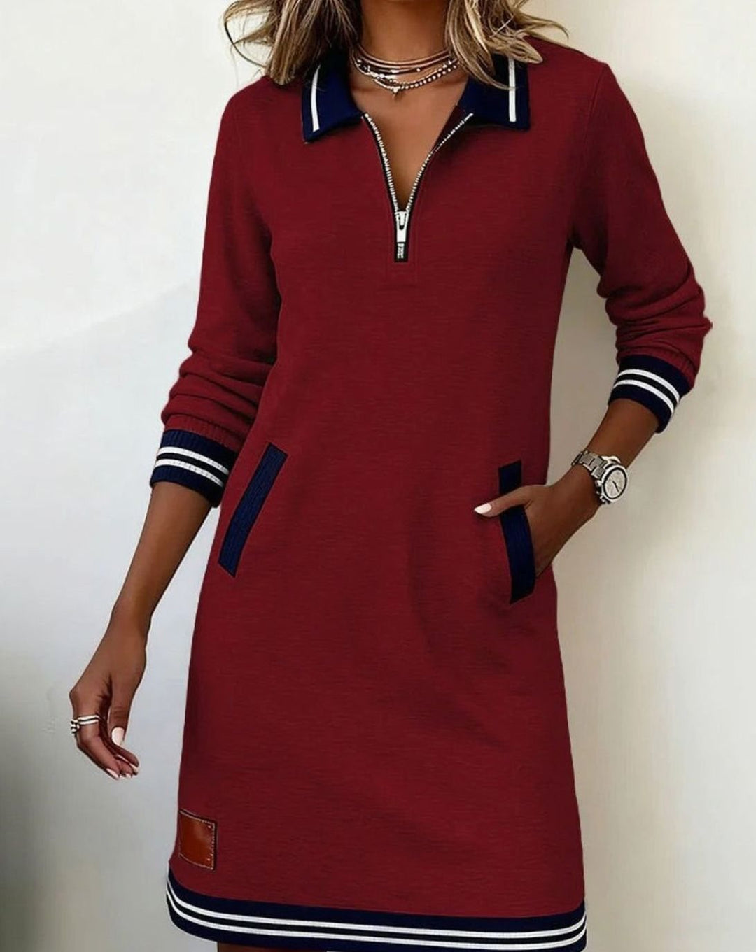 Women's Long Sleeve Quarter-Zip Sweater Dress Striped Trim - Red