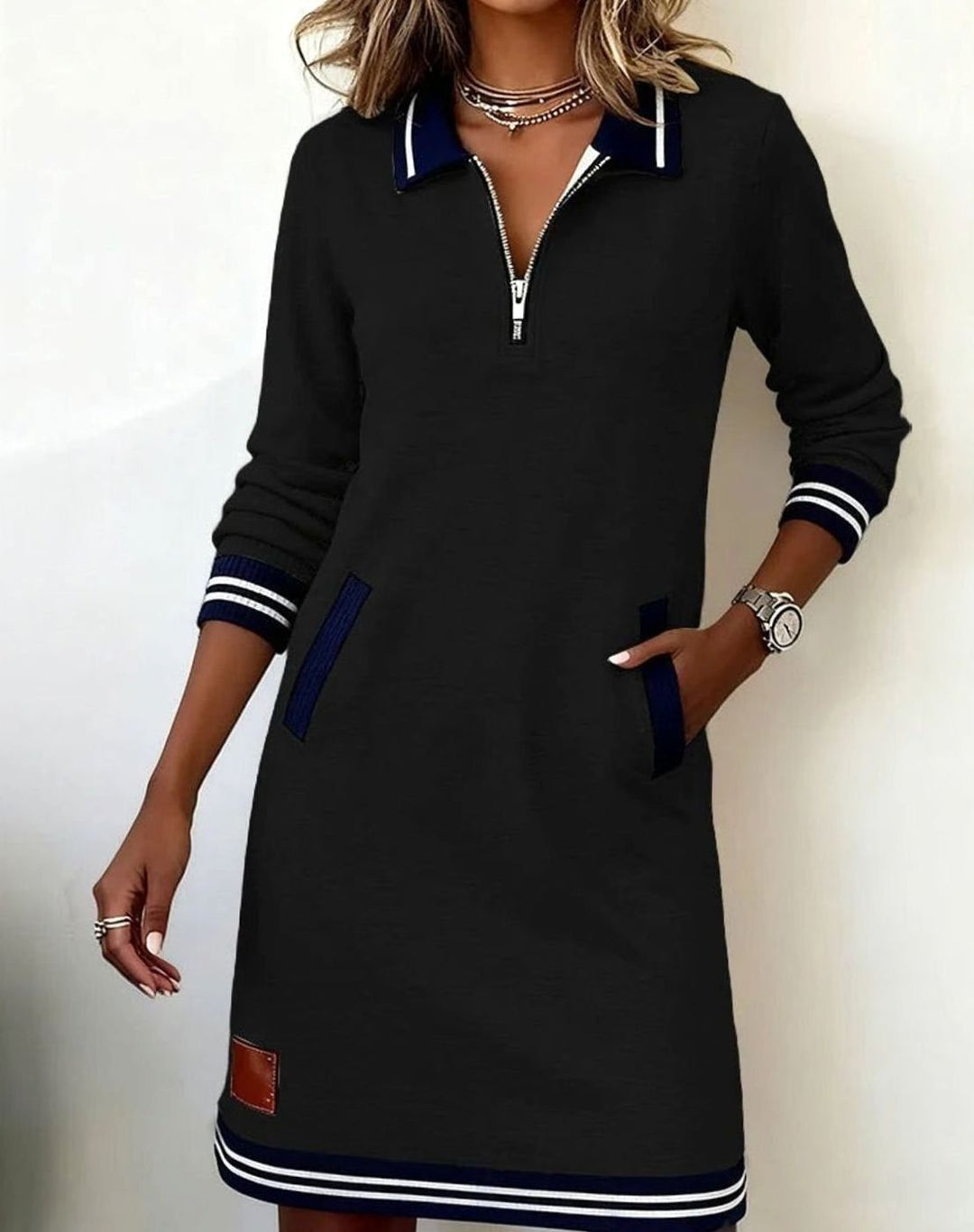 Women's Long Sleeve Quarter-Zip Sweater Dress Striped Trim