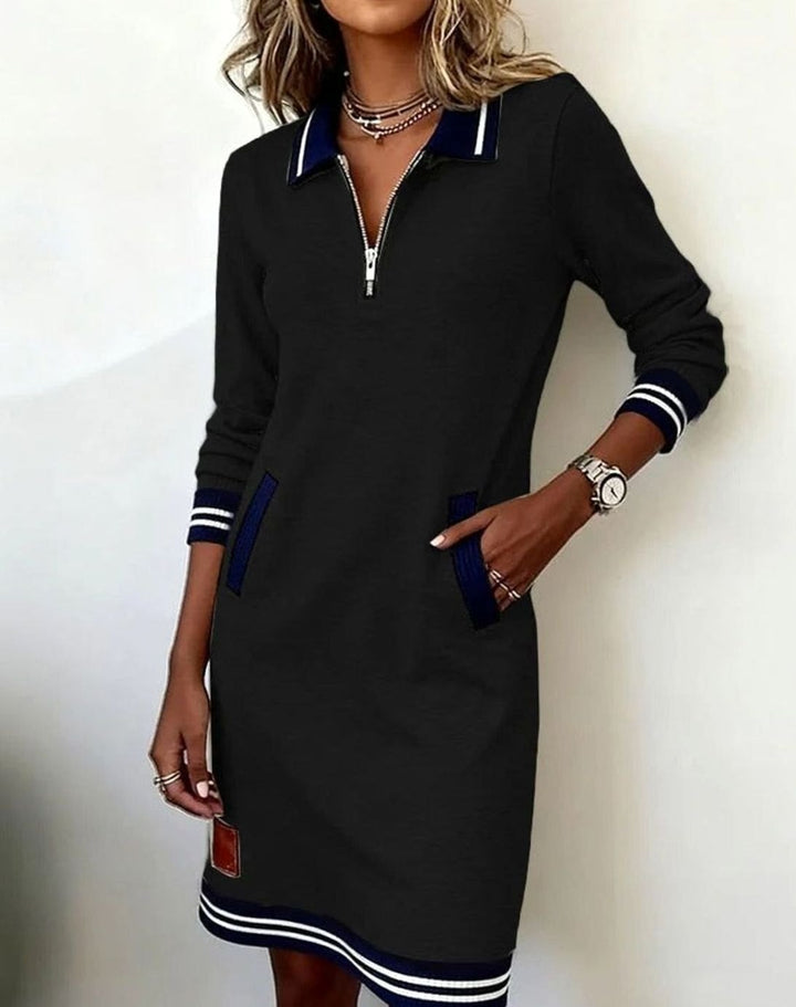Women's Long Sleeve Quarter-Zip Sweater Dress Striped Trim
