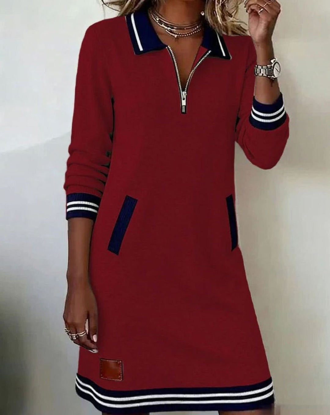 Women's Long Sleeve Quarter-Zip Sweater Dress Striped Trim