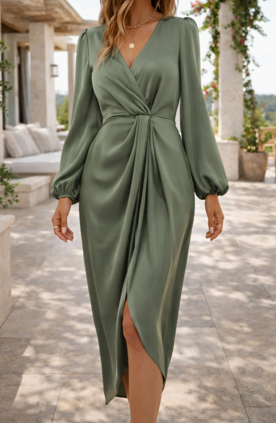 Women's Long Sleeve Satin Wrap Midi Dress V-Neck Twist Waist - Green