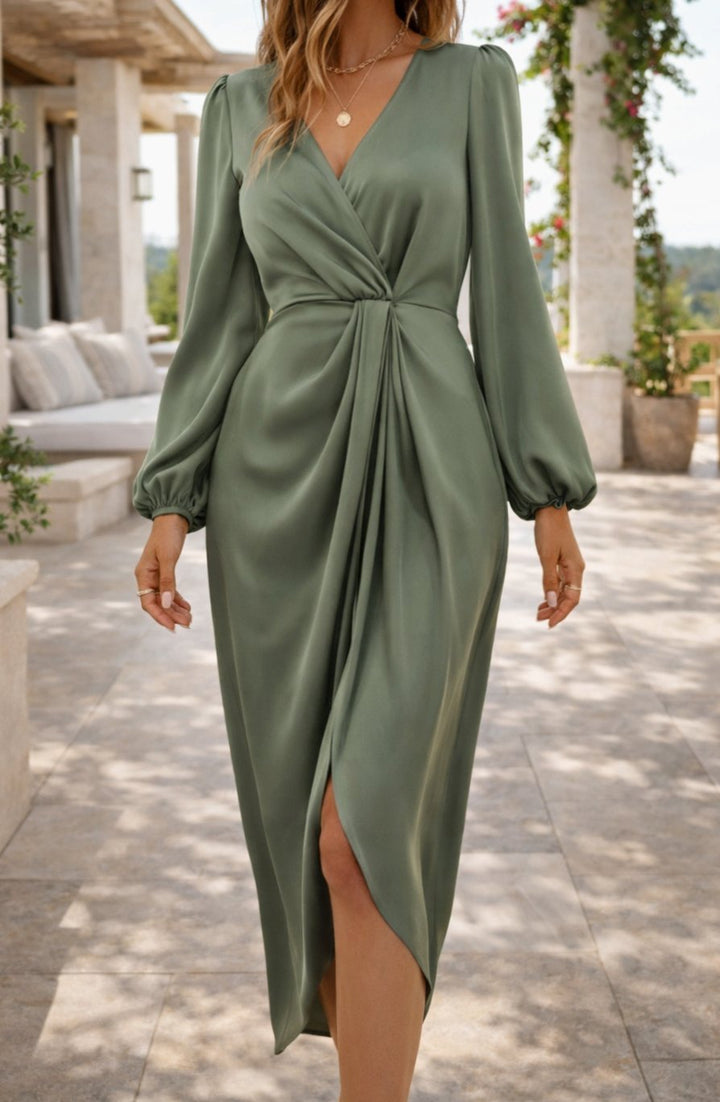 Women's Long Sleeve Satin Wrap Midi Dress V-Neck Twist Waist - Green