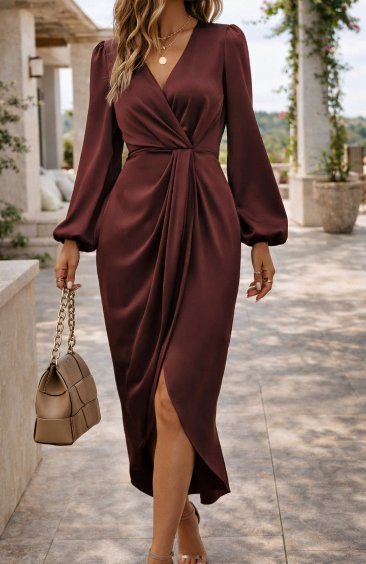 Women's Long Sleeve Satin Wrap Midi Dress V-Neck Twist Waist - Dark Brown