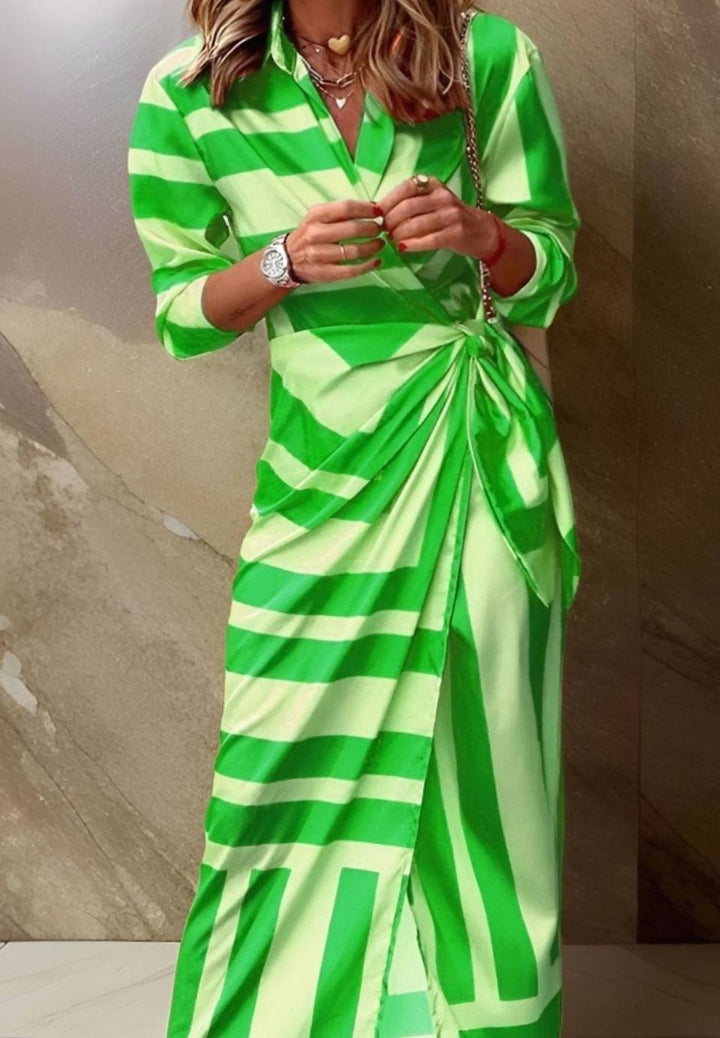 Women's Long Sleeve Striped Wrap Maxi Dress - Green