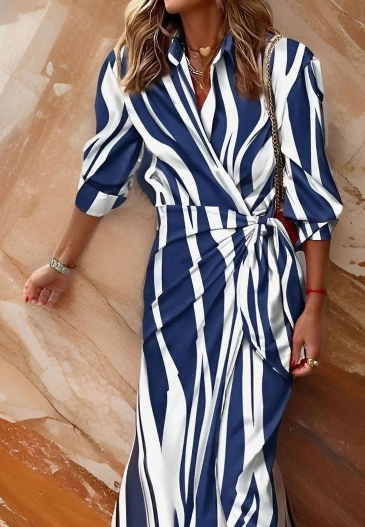 Women's Long Sleeve Striped Wrap Maxi Dress - Navy Blue