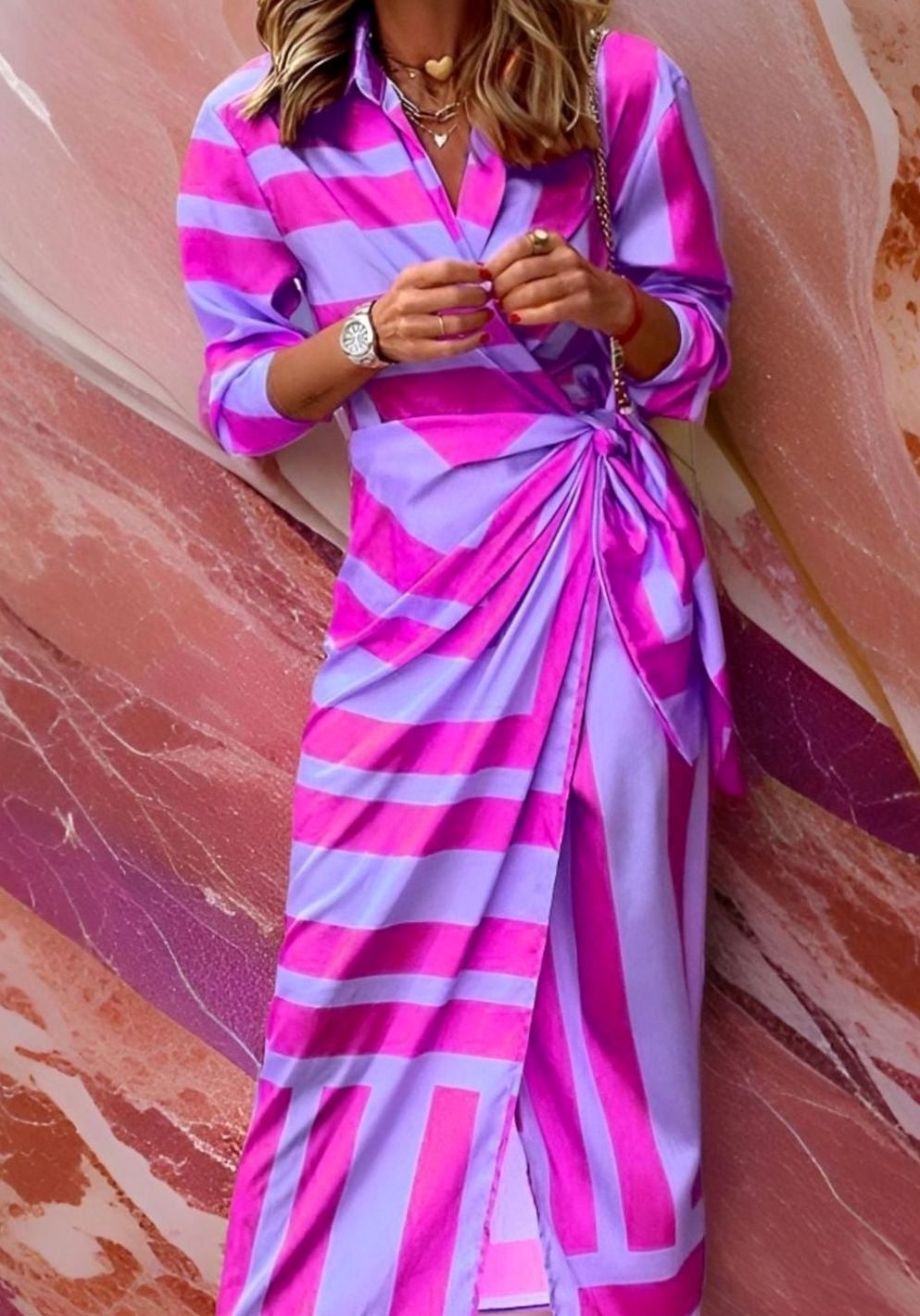 Women's Long Sleeve Striped Wrap Maxi Dress - Purple