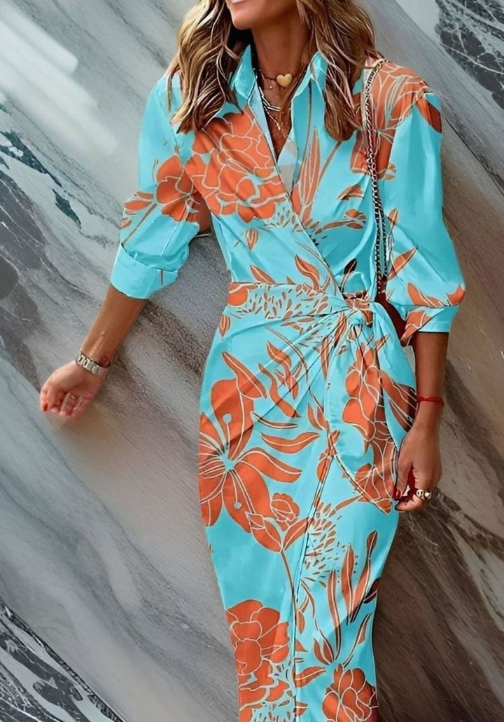 Women's Long Sleeve Striped Wrap Maxi Dress - Turquoise