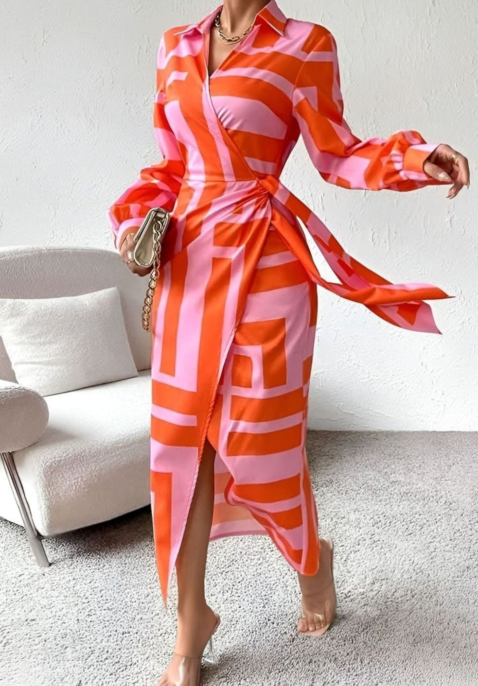 Women's Long Sleeve Striped Wrap Maxi Dress