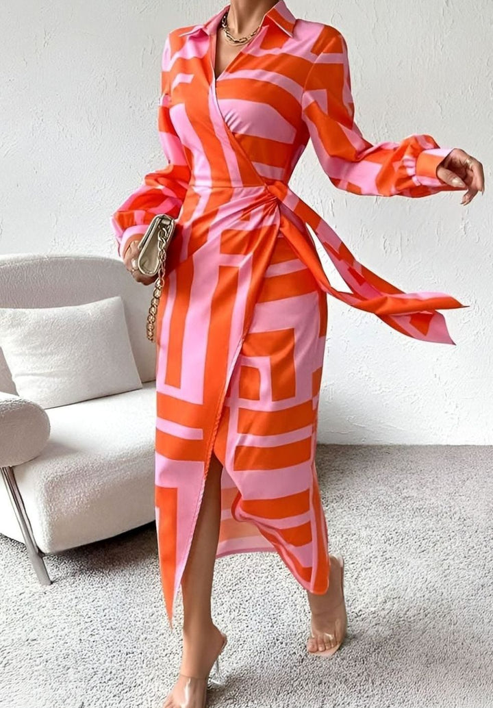 Women's Long Sleeve Striped Wrap Maxi Dress