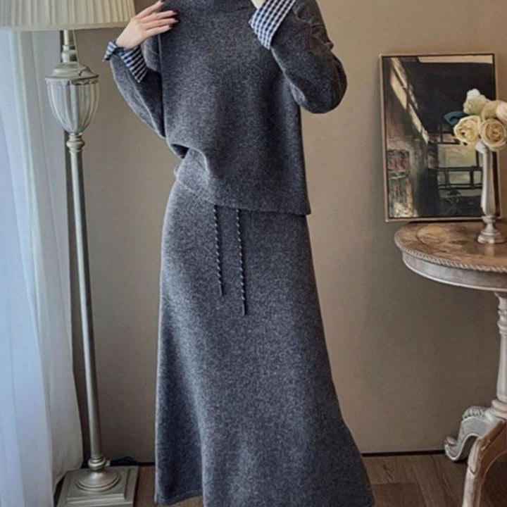 Women's Long Sleeve Sweater Dress Drawstring Waist Knit Midi - Gray