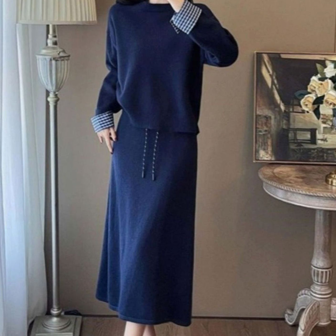 Women's Long Sleeve Sweater Dress Drawstring Waist Knit Midi - Navy Blue