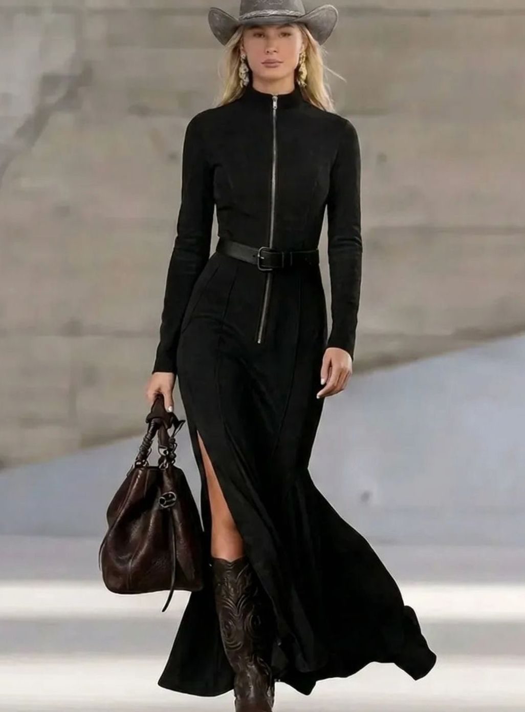 Women's Long Sleeve Turtleneck Zip-Front Black Maxi Dress - Black