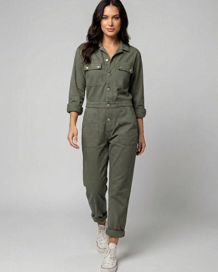 Women's Long Sleeve Utility Jumpsuit Relaxed Fit Cargo Pockets - Green