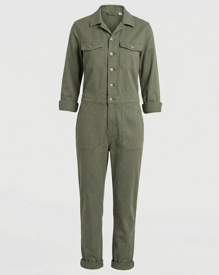 Women's Long Sleeve Utility Jumpsuit Relaxed Fit Cargo Pockets