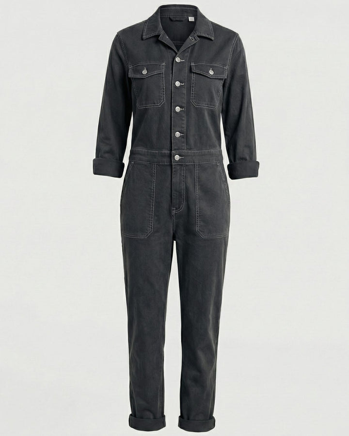 Women's Long Sleeve Utility Jumpsuit Relaxed Fit Cargo Pockets - Black