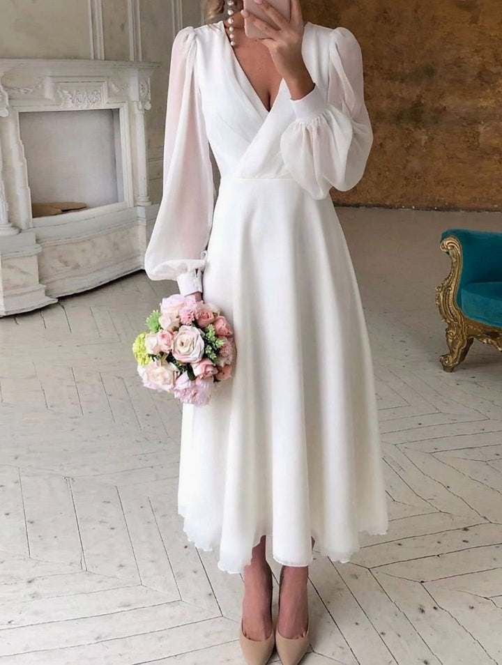 Women's Long Sleeve V-Neck A-Line Midi Wedding Dress - White