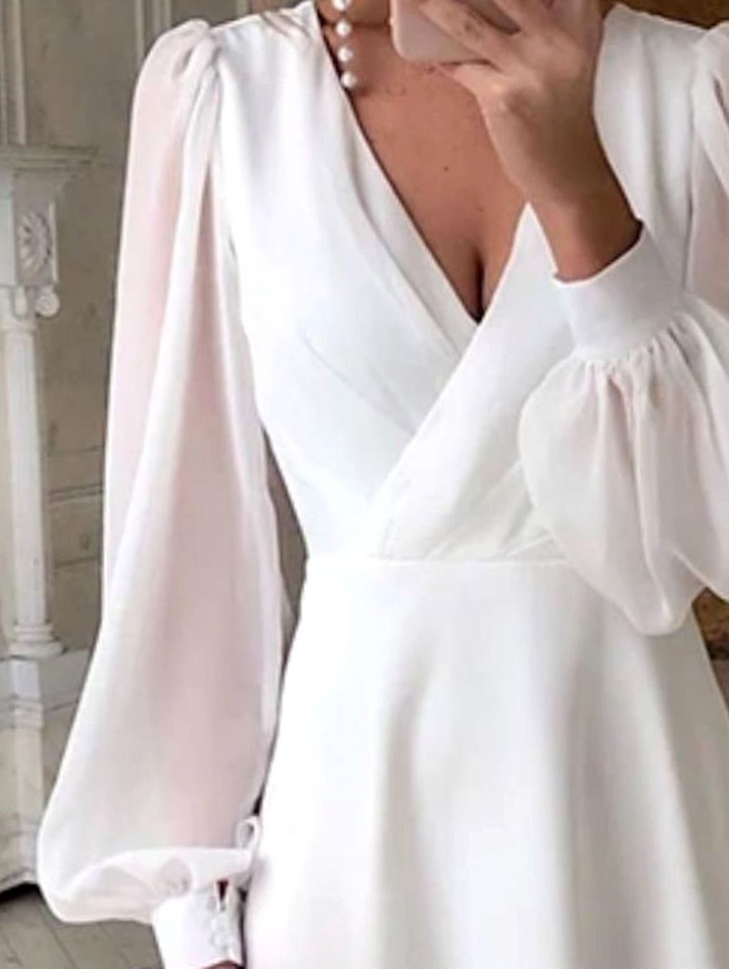 Women's Long Sleeve V-Neck A-Line Midi Wedding Dress