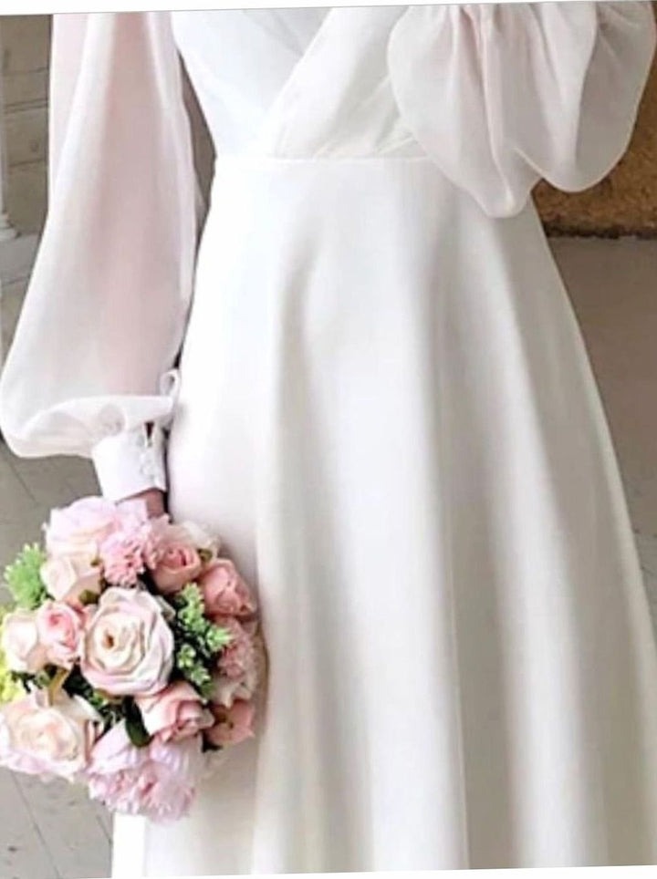 Women's Long Sleeve V-Neck A-Line Midi Wedding Dress