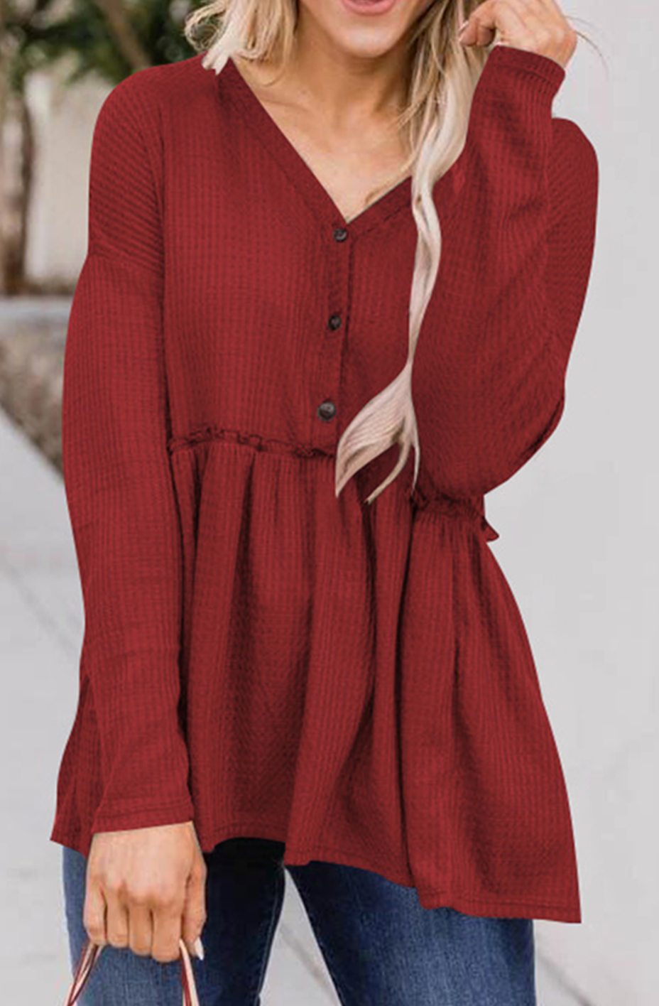 Women's Long Sleeve V-Neck Button Babydoll Tunic Top - Red