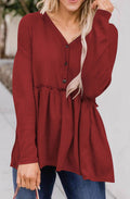 Amelia | Women's Long Sleeve V-Neck Button Babydoll Tunic Top