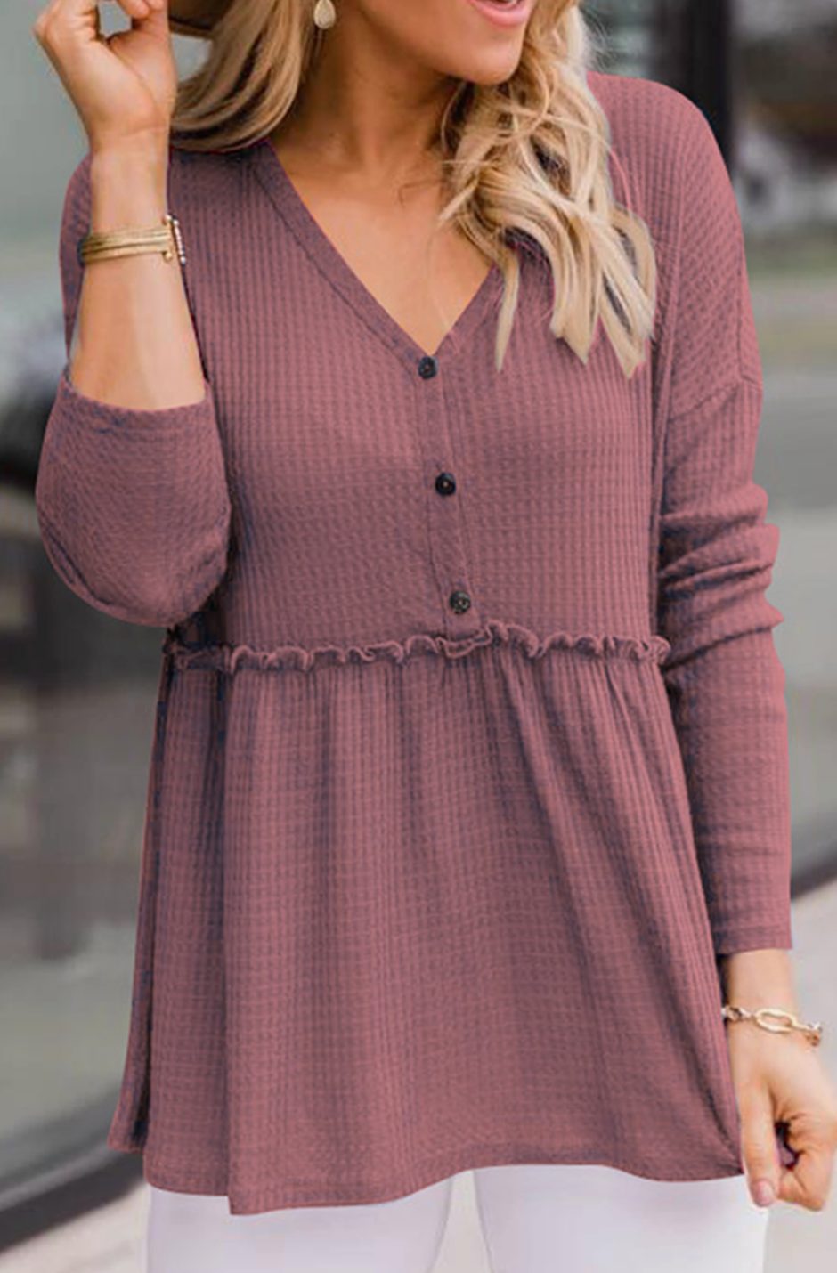 Women's Long Sleeve V-Neck Button Babydoll Tunic Top