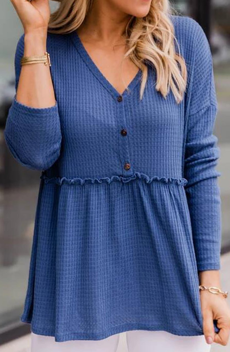 Women's Long Sleeve V-Neck Button Babydoll Tunic Top