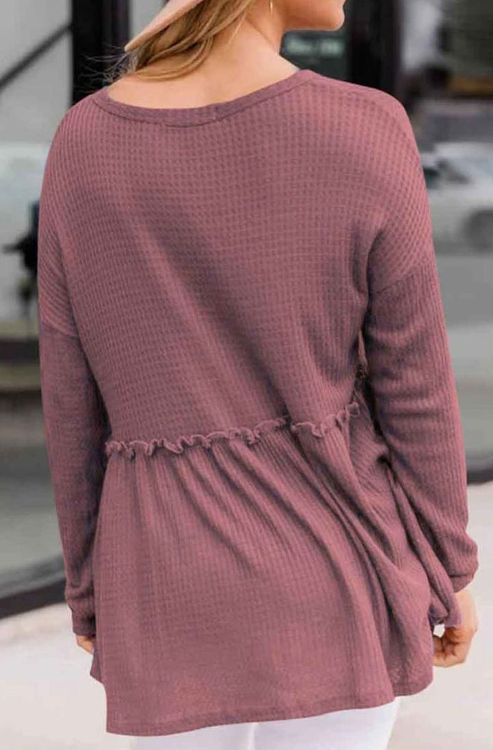 Women's Long Sleeve V-Neck Button Babydoll Tunic Top