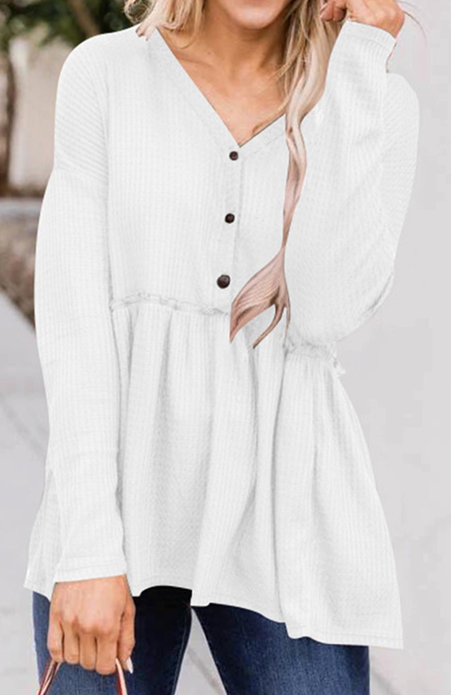 Women's Long Sleeve V-Neck Button Babydoll Tunic Top - White