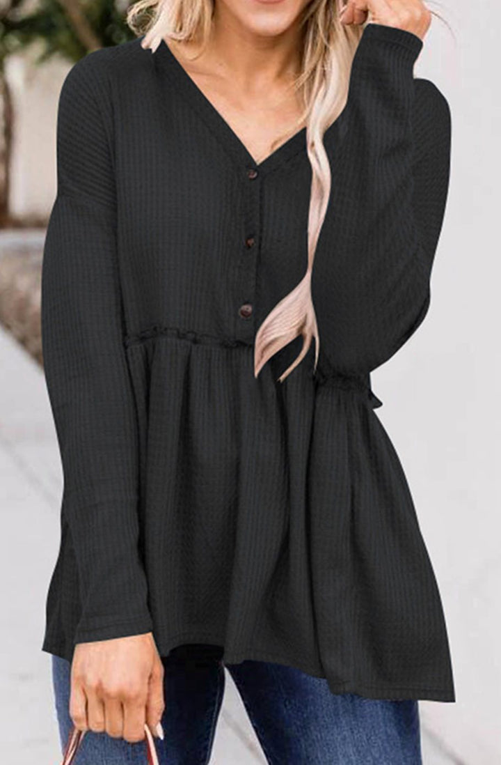 Women's Long Sleeve V-Neck Button Babydoll Tunic Top - Black