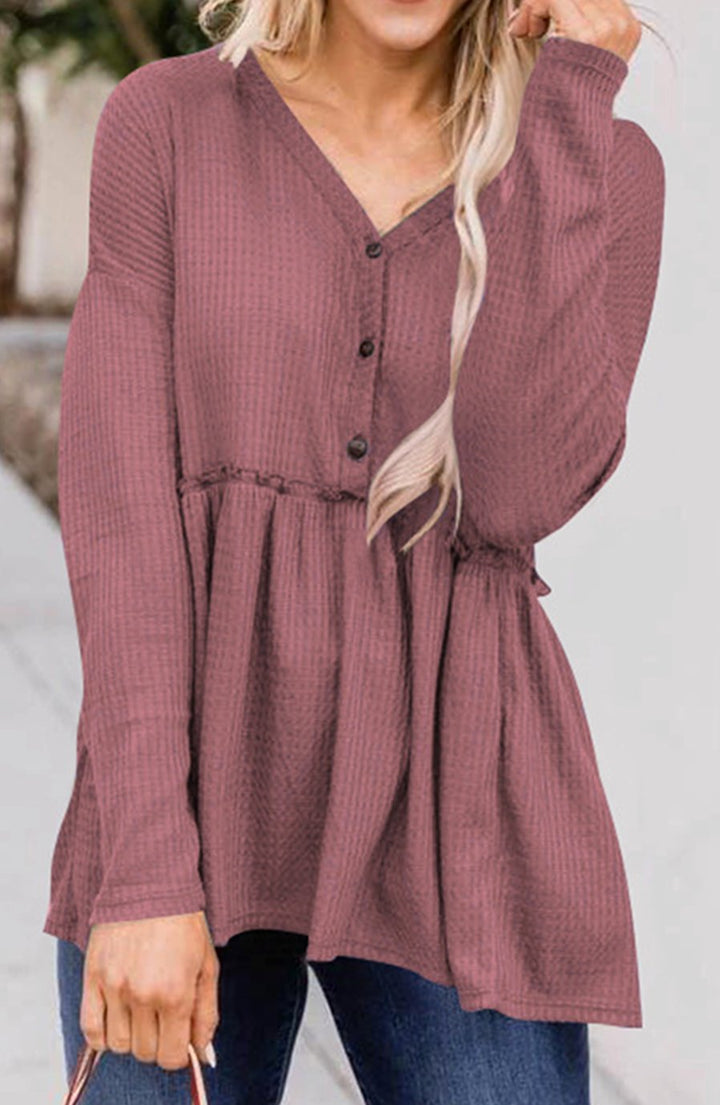 Women's Long Sleeve V-Neck Button Babydoll Tunic Top - Pink