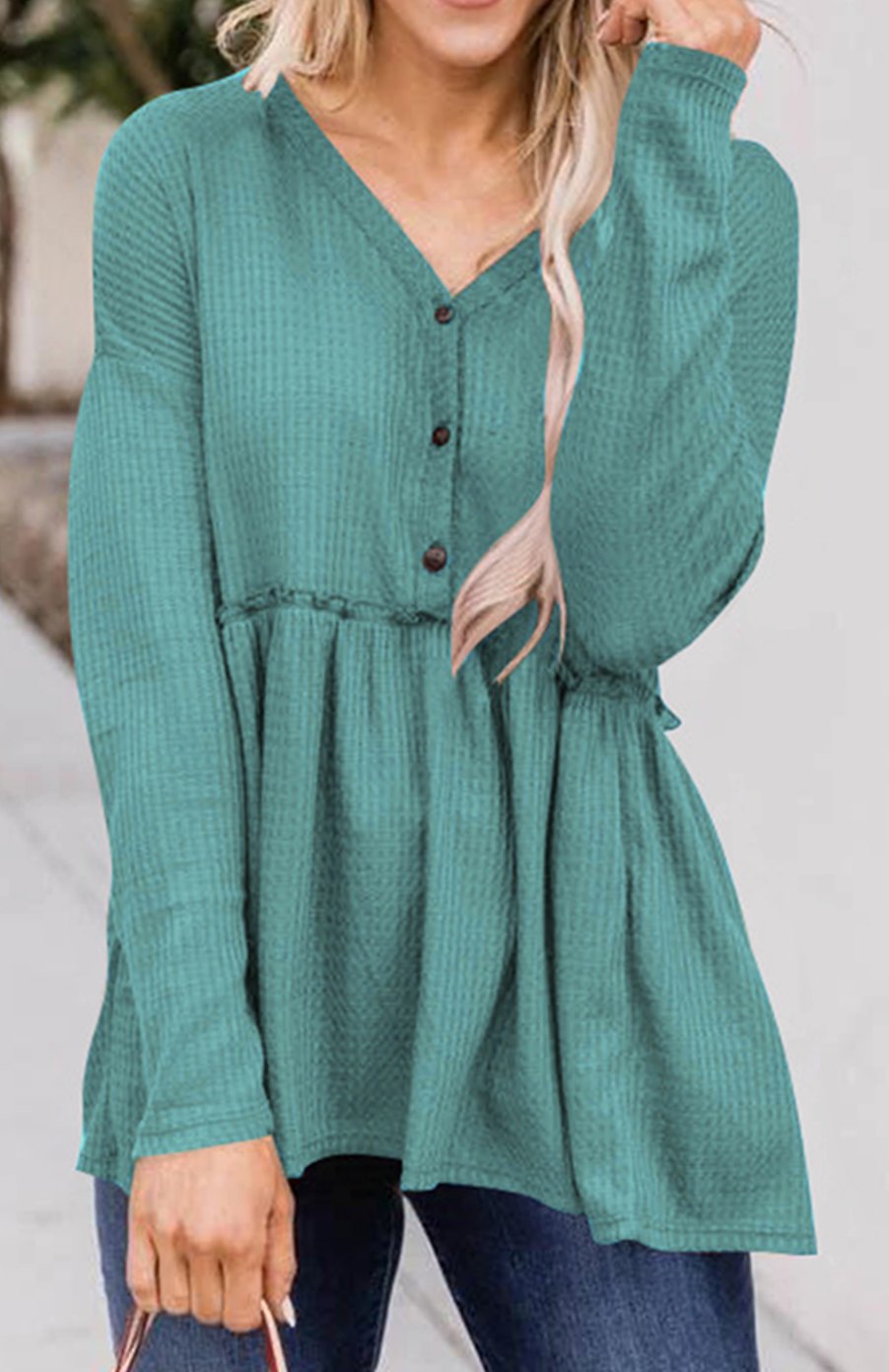 Women's Long Sleeve V-Neck Button Babydoll Tunic Top - Green