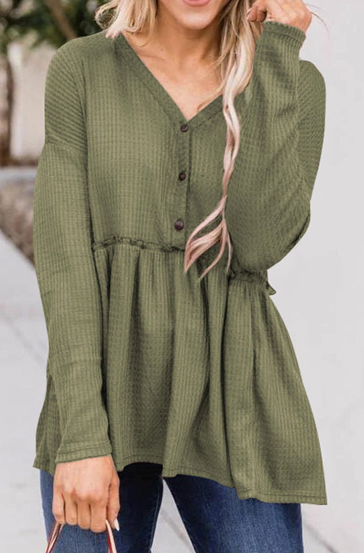 Women's Long Sleeve V-Neck Button Babydoll Tunic Top - Dark Green