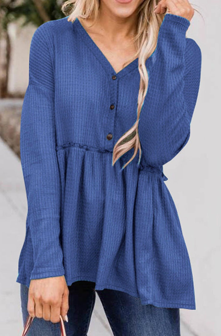 Women's Long Sleeve V-Neck Button Babydoll Tunic Top - Blue