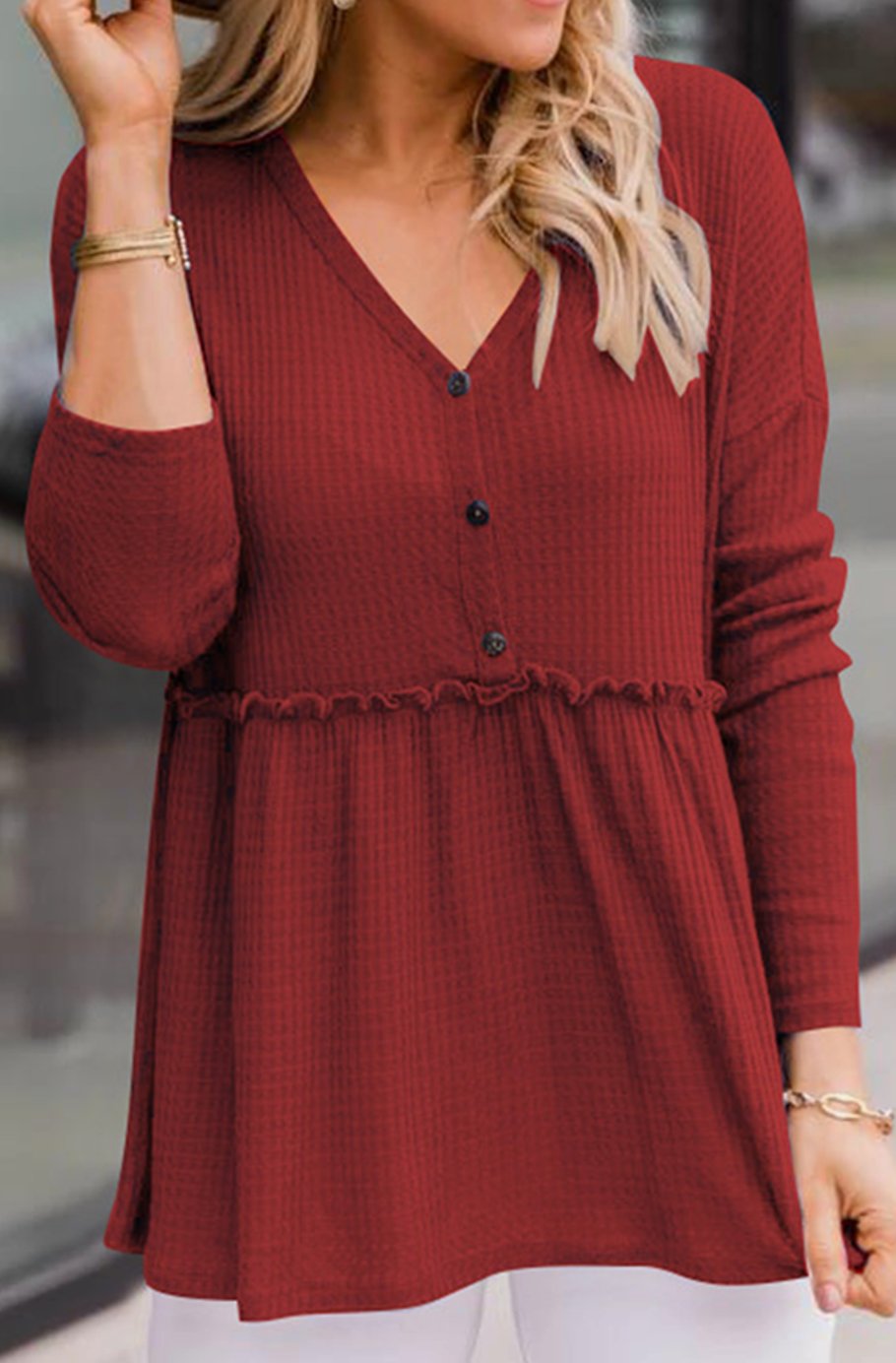 Women's Long Sleeve V-Neck Button Babydoll Tunic Top