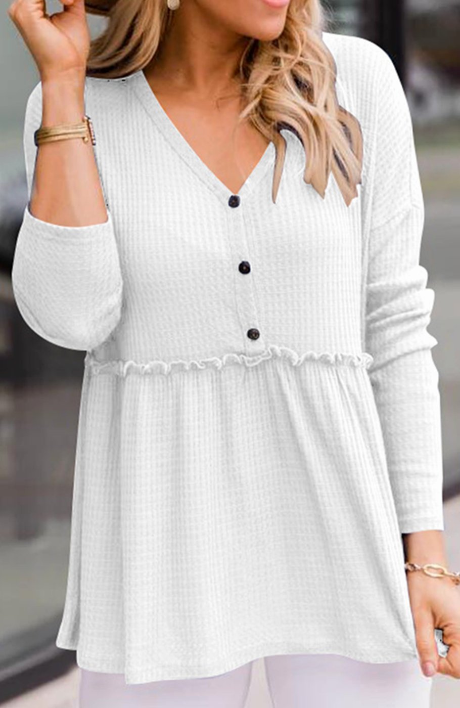 Women's Long Sleeve V-Neck Button Babydoll Tunic Top