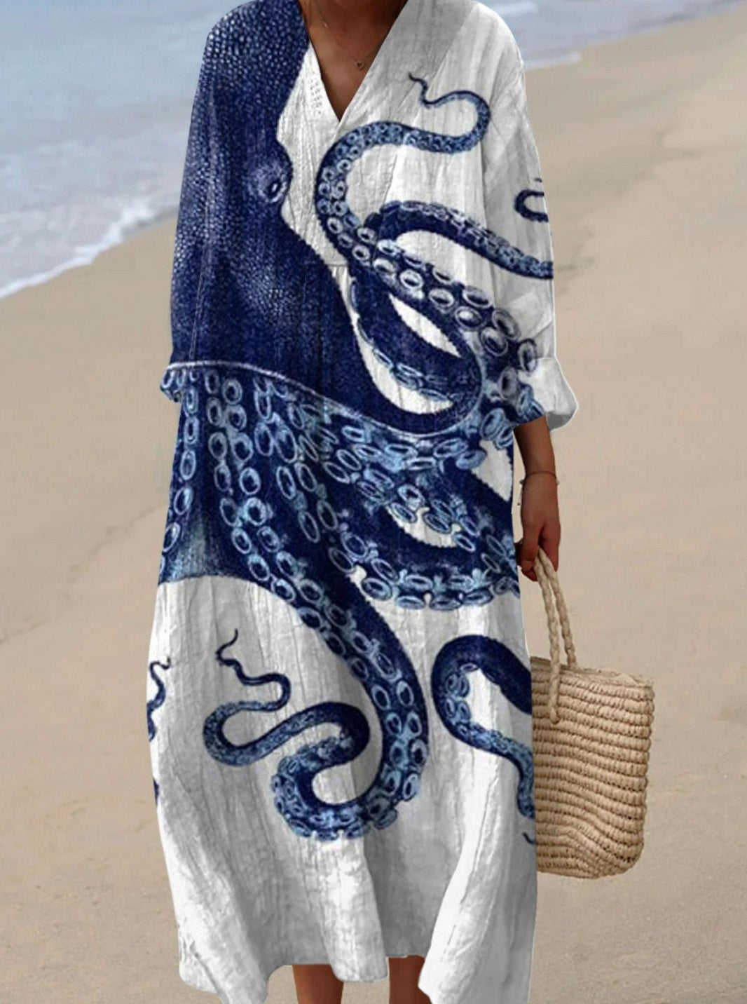 Women's Long Sleeve V-Neck Octopus Print Casual Maxi Dress - Multicolor