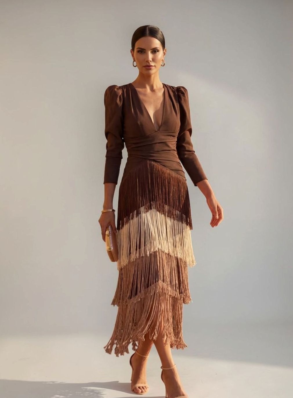 Women's Long Sleeve V-Neck Ombré Fringe Midi Dress - Brown
